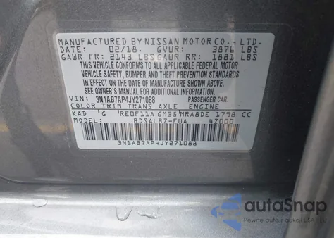 2018 Nissan Sentra S z USA, uszkodzony, nr VIN 3N1AB7AP4JY271088
